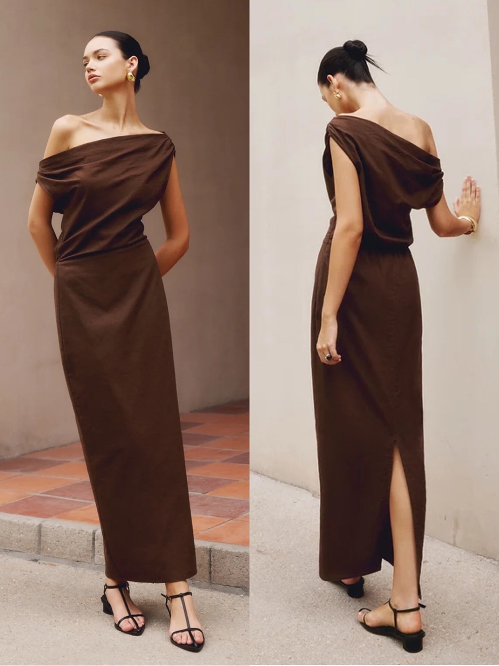 New Commense Cotton & Linen Asymmetrical Neck Maxi Dress Brown Size Large $49